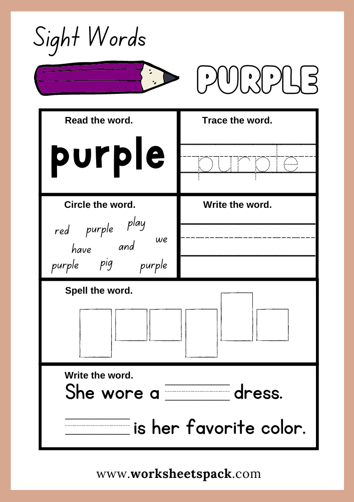 Purple Sight Word Worksheet Printables, Sight Words Worksheets PDF Free