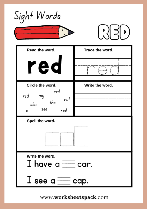 Red Word Kindergarten sight words worksheets