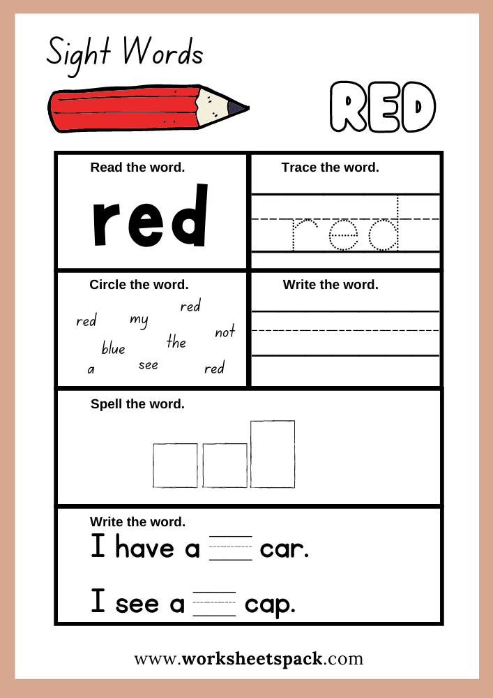 Red Sight Word Worksheet Printables, Sight Words Worksheets PDF Free