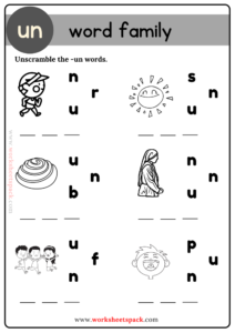 Un Word Family Unscramble the Words Free Worksheet Packet - worksheetspack