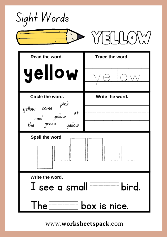 Yellow Sight Word Worksheet Printables, Sight Words Worksheets PDF Free