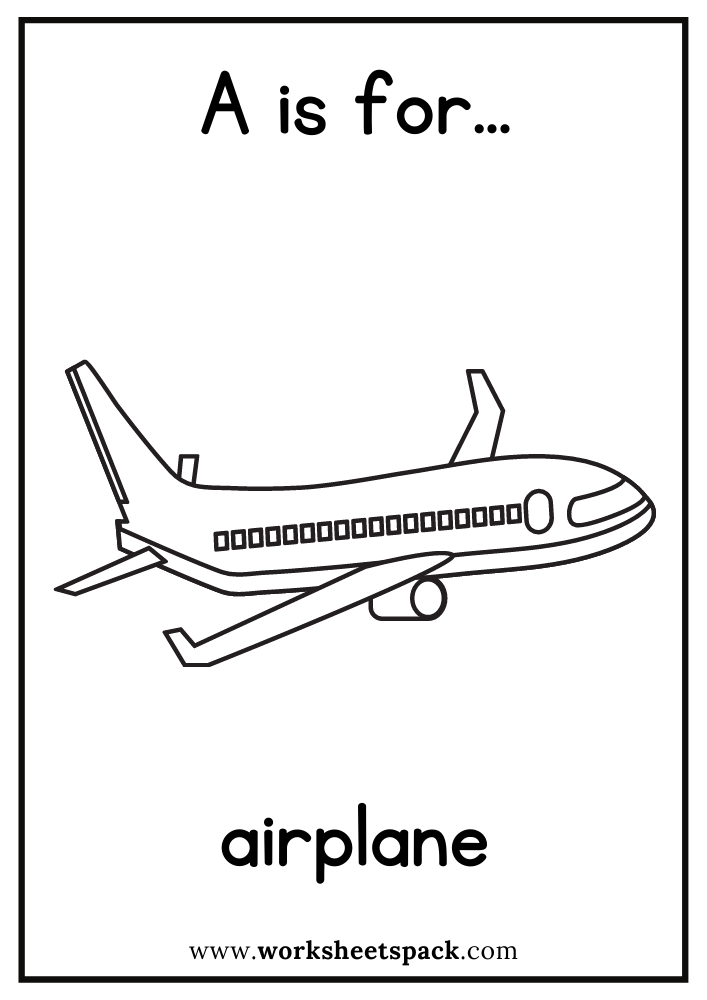 A is for Airplane Coloring Page, Free Airplane Flashcard for Kindergarten