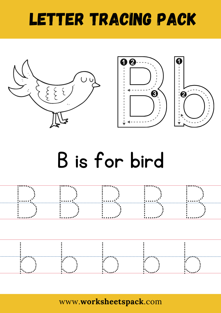 B is for Bird Coloring, Free Letter B Tracing Worksheet PDF