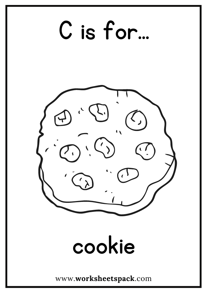 C is for Cookie Coloring Page, Free Cookie Flashcard for Kindergarten