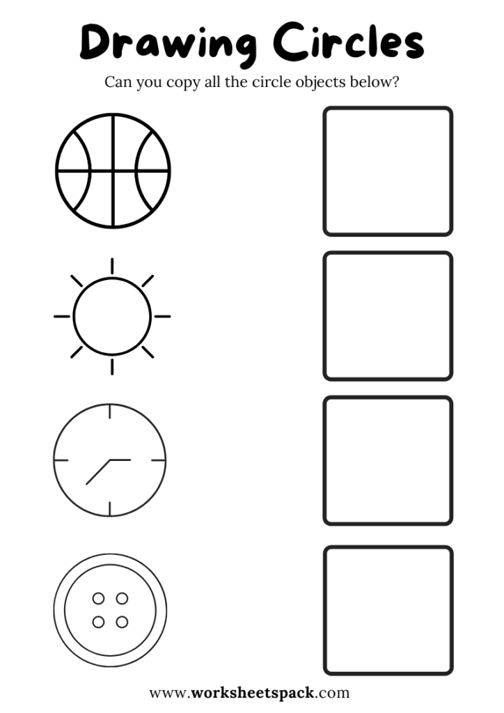 Circle Shapes Drawing Worksheets for Kids, Copy the Circle Objects