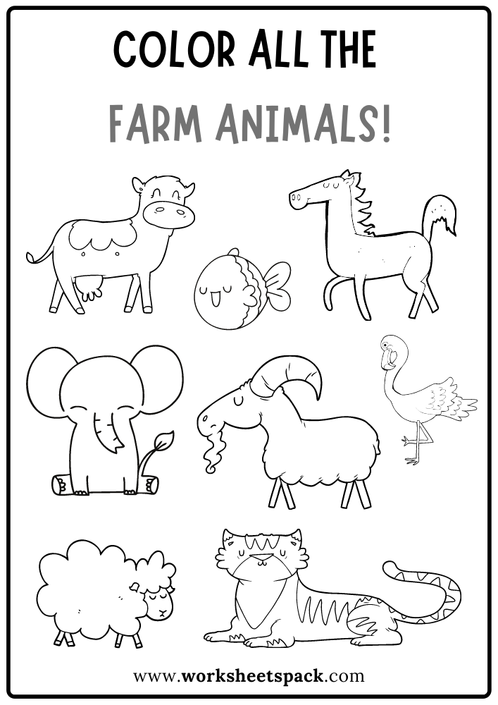 Color All the Farm Animals Worksheet, Free Farm Animals Coloring Book PDF
