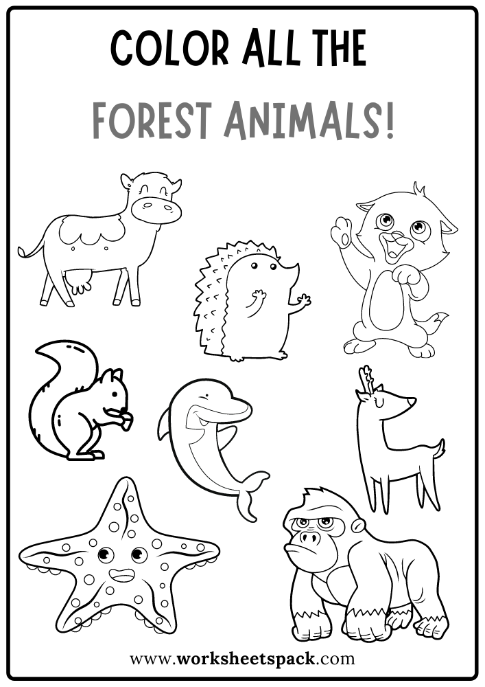 Color All the Forest Animals Worksheet, Free Forest Animals Coloring Book PDF