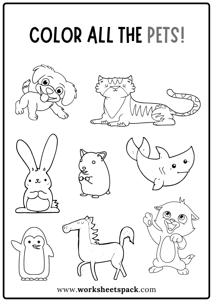 Color All the Pets Worksheet, Free Pet Animals Coloring Book PDF