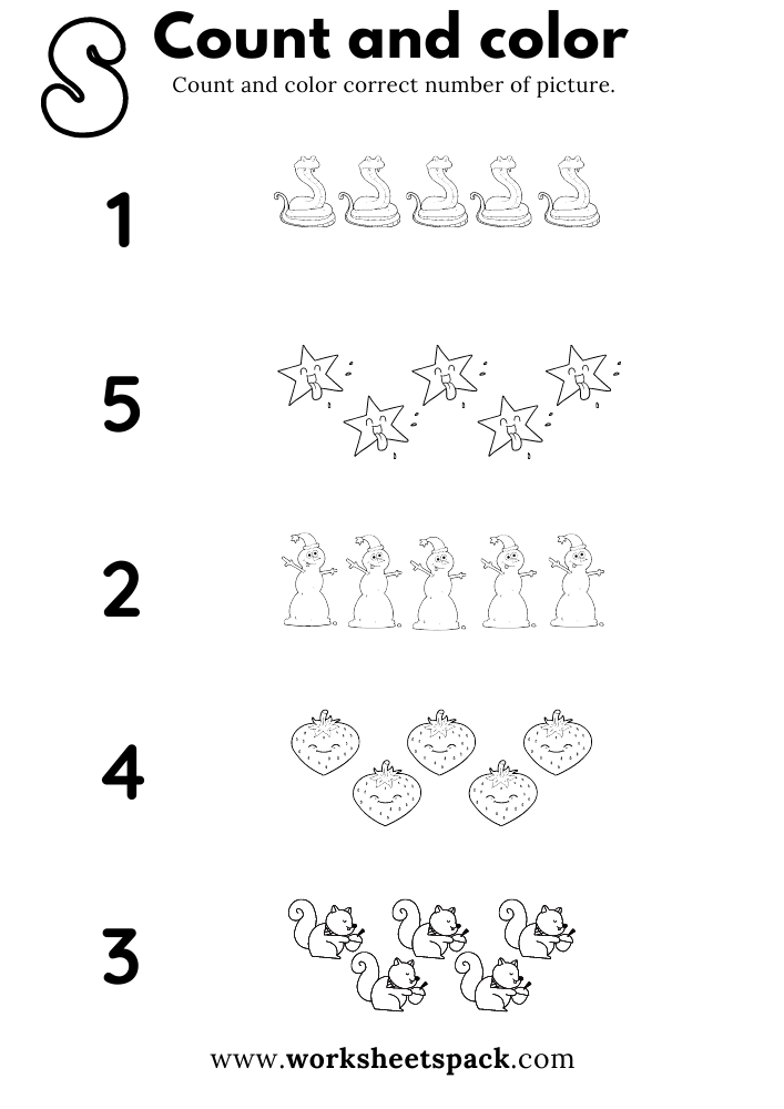 Count and Color Worksheets Free Letter S Pictures Printable for Kindergarten