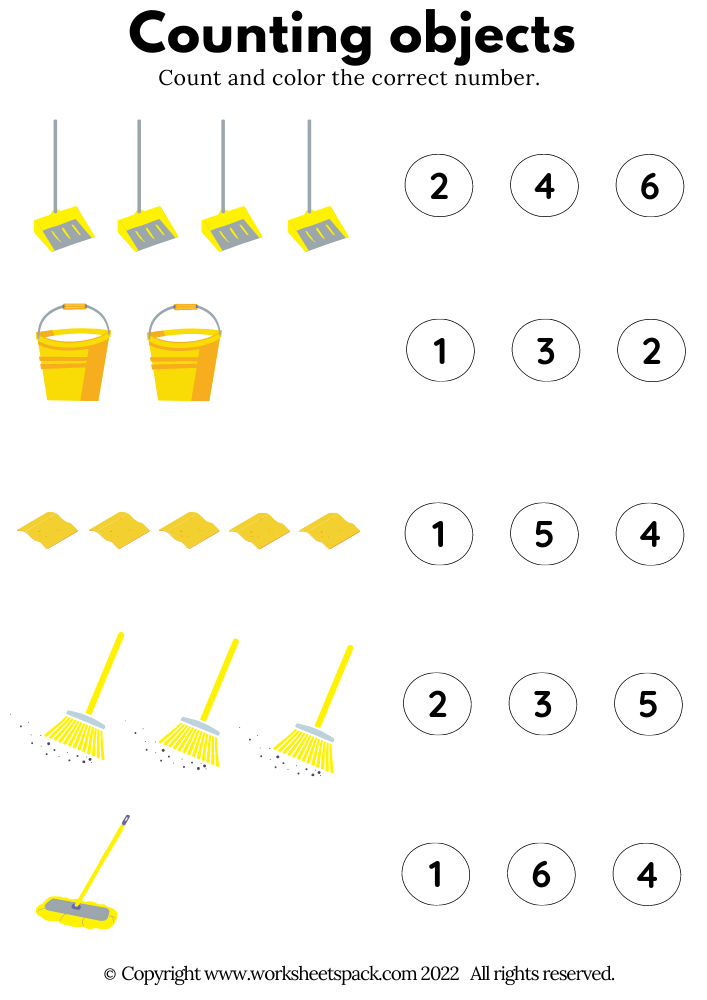 Counting Objects PDF, Cleaning Tools Count Free Worksheet Printable