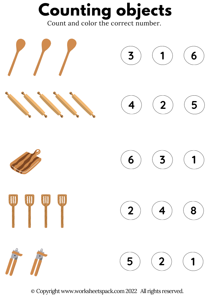 Counting Objects PDF, Kitchen Utensils Count Free Worksheet Printable