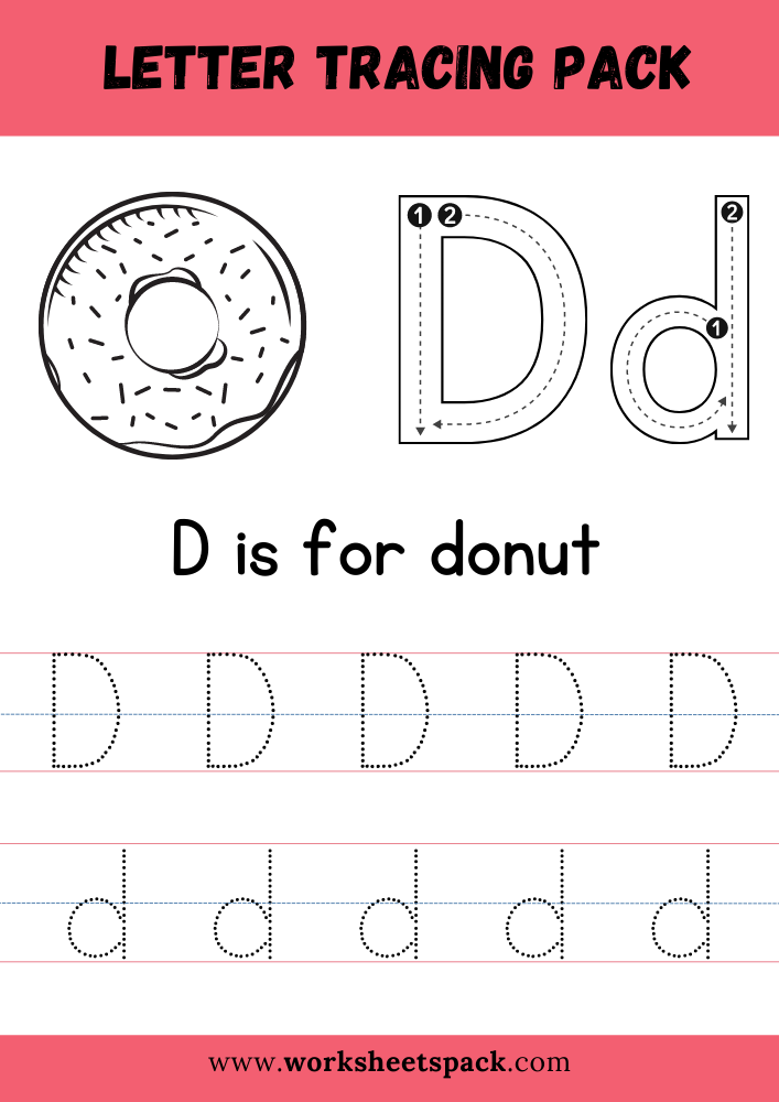 D is for Donut Coloring, Free Letter D Tracing Worksheet PDF