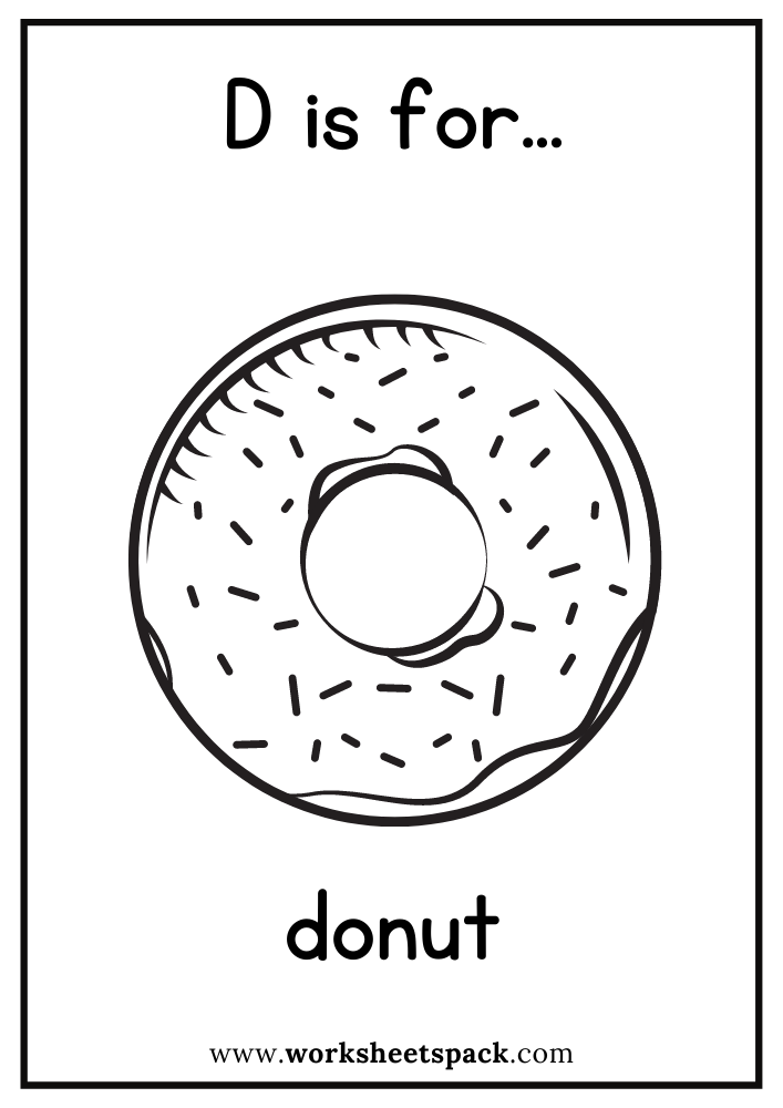 D is for Donut Coloring Page, Free Donut Flashcard for Kindergarten