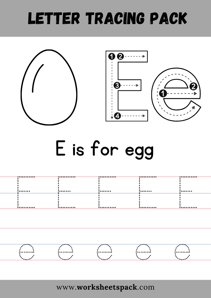 E is for Egg Coloring, Free Letter E Tracing Worksheet PDF