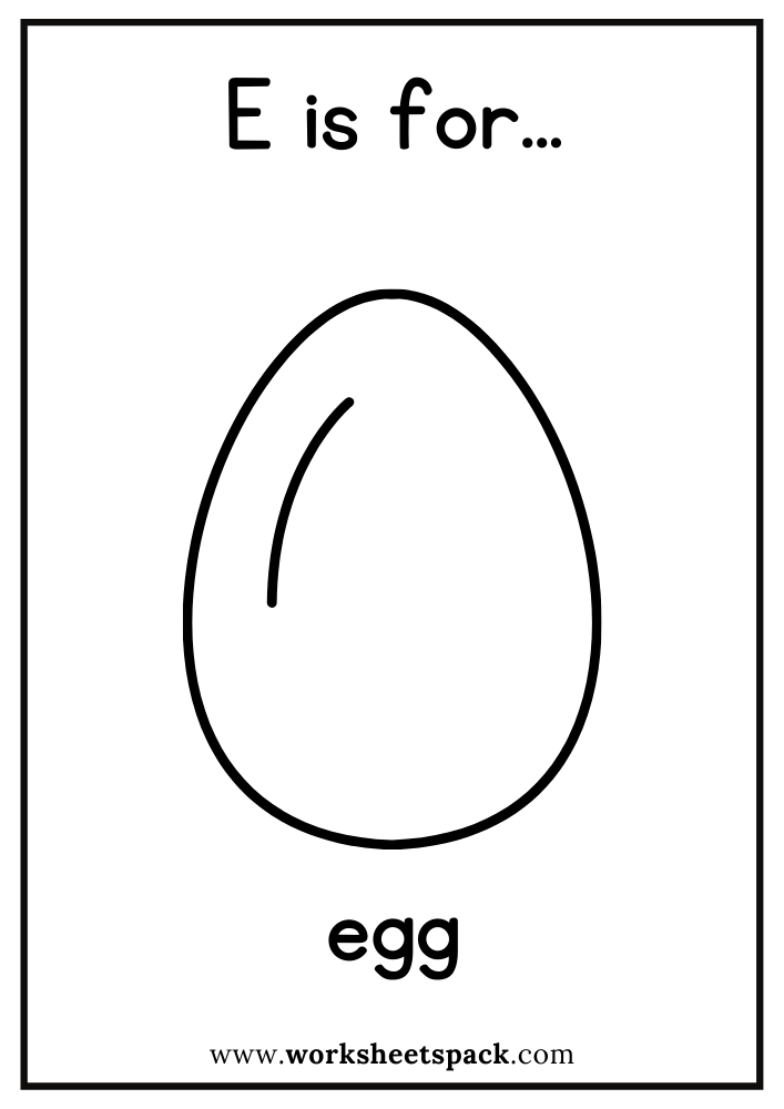 E is for Egg Coloring Page, Free Egg Flashcard for Kindergarten