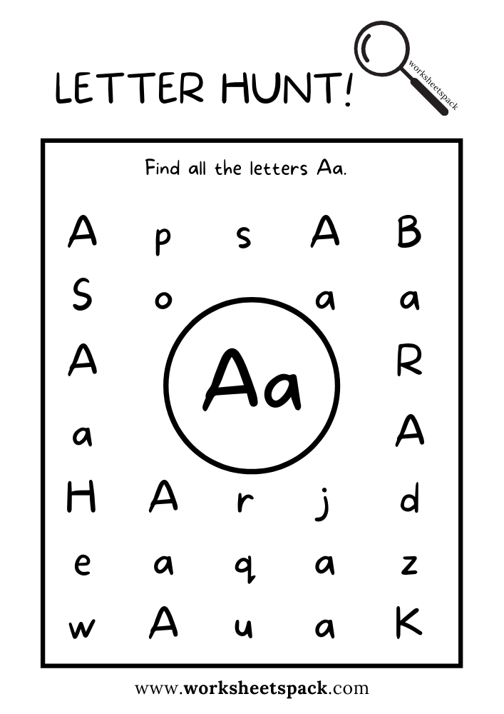 Find the Letter A Worksheet, Alphabet A Hunt Activity Free Printable for Kids