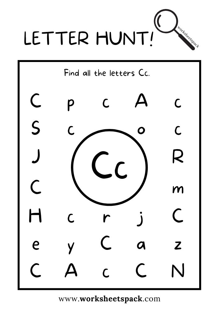 Find the Letter C Worksheet, Alphabet C Hunt Activity Free Printable for Kids