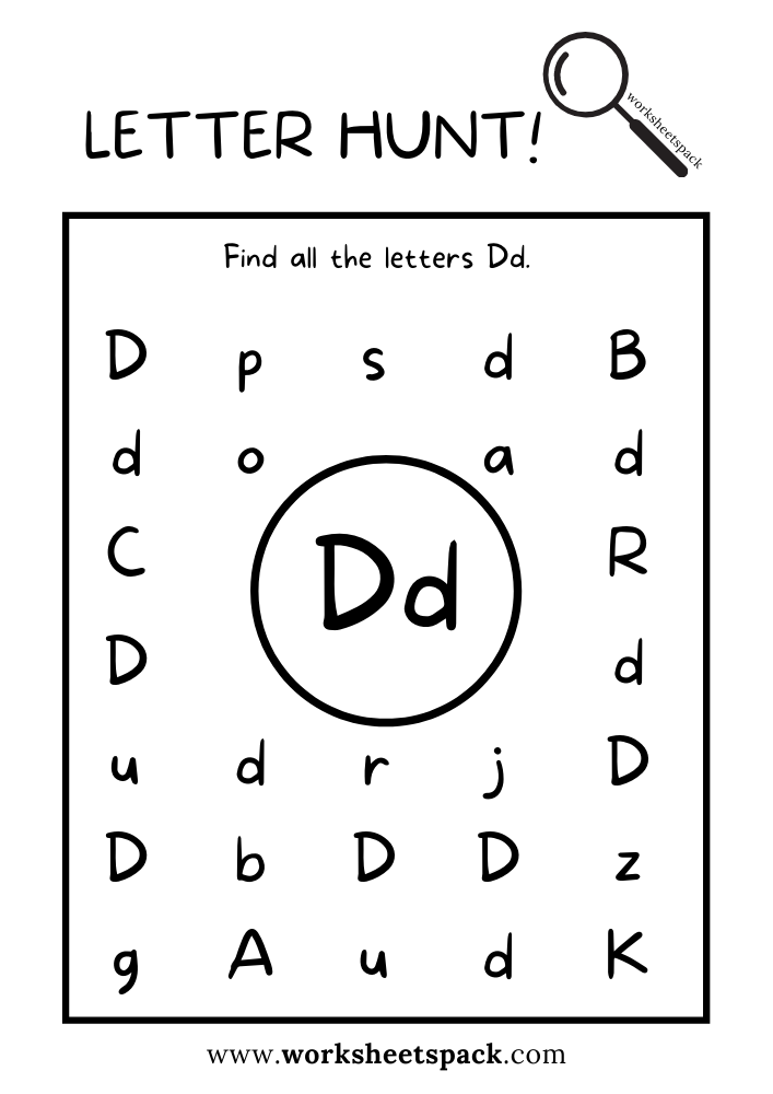 Find the Letter D Worksheet, Alphabet D Hunt Activity Free Printable for Kids