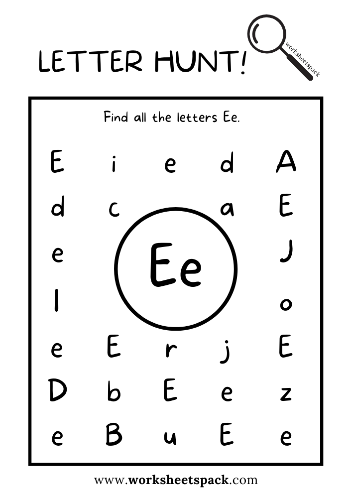 Find the Letter E Worksheet, Alphabet E Hunt Activity Free Printable for Kids