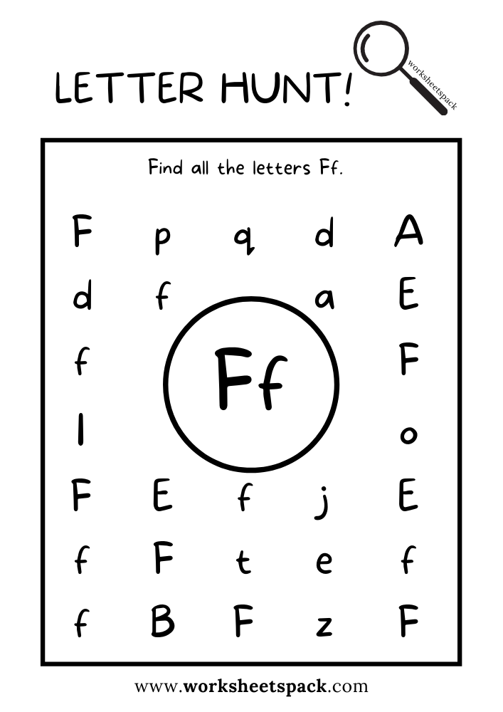 Find the Letter F Worksheet, Alphabet F Hunt Activity Free Printable for Kids