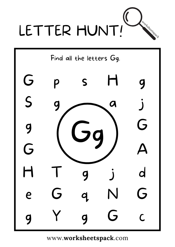 Find the Letter G Worksheet, Alphabet G Hunt Activity Free Printable for Kids