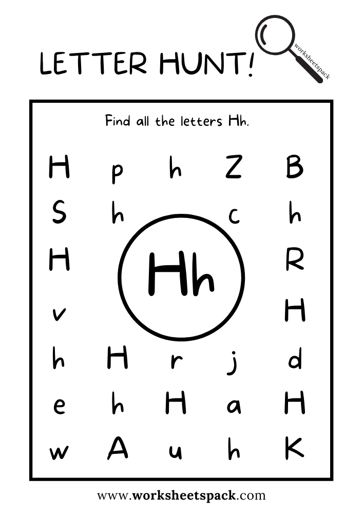 Find the Letter H Worksheet, Alphabet H Hunt Activity Free Printable for Kids