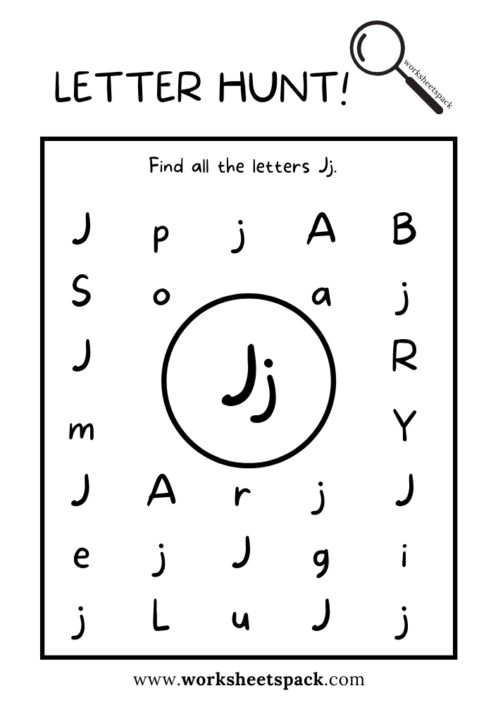 Find the Letter J Worksheet, Alphabet J Hunt Activity Free Printable for Kids