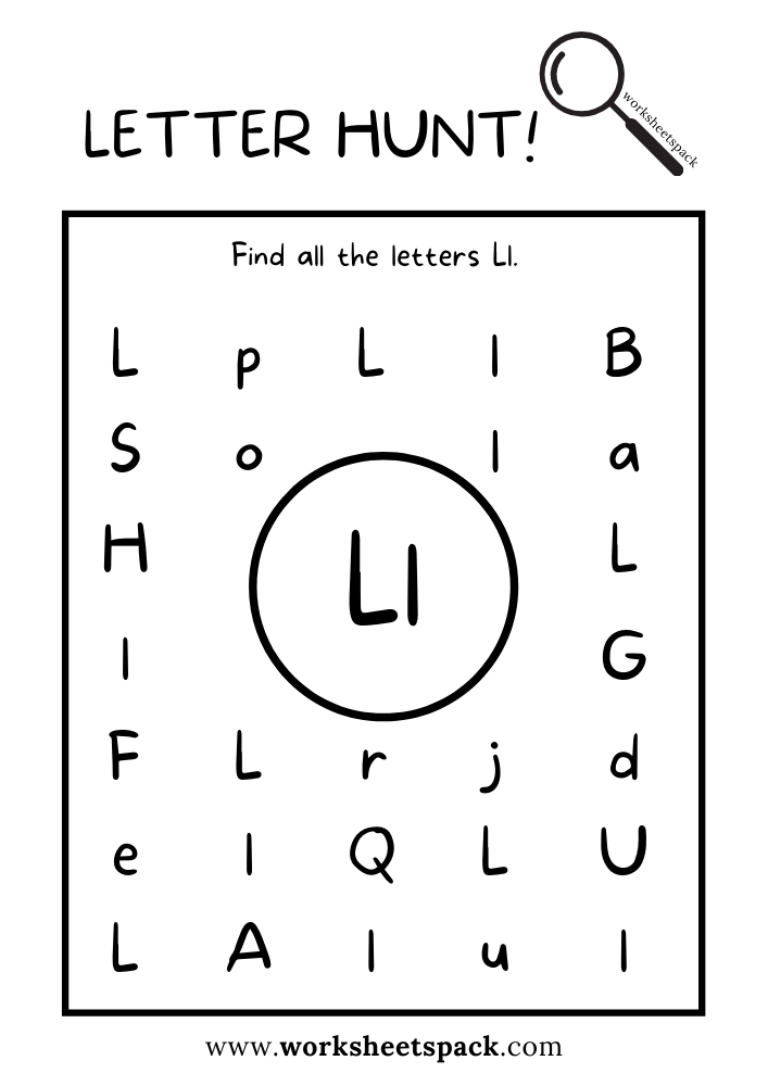 Find the Letter L Worksheet, Alphabet L Hunt Activity Free Printable for Kids