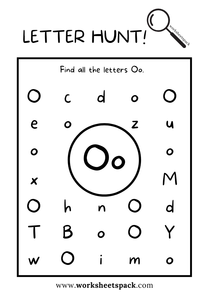 Find the Letter O Worksheet, Alphabet O Hunt Activity Free Printable for Kids.