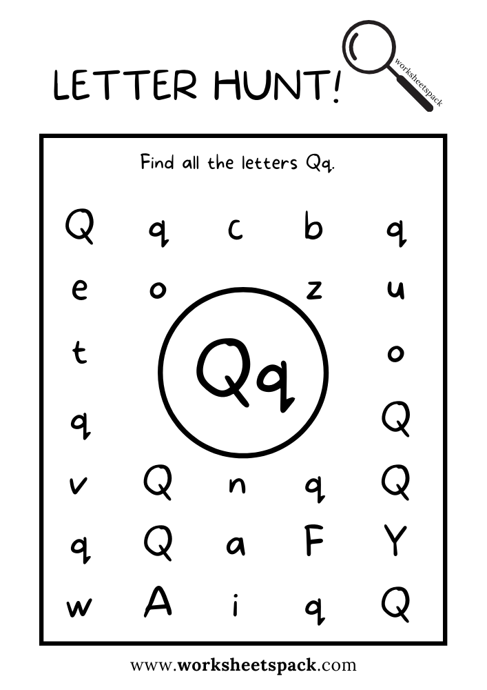 Find the Letter Q Worksheet, Alphabet Q Hunt Activity Free Printable for Kids
