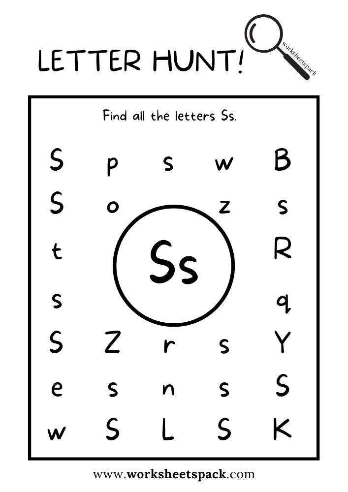 Find the Letter S Worksheet, Alphabet S Hunt Activity Free Printable for Kids