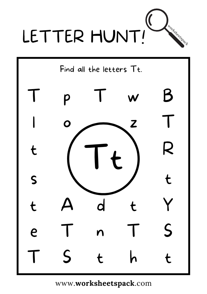 Find the Letter T Worksheet, Alphabet T Hunt Activity Free Printable for Kids
