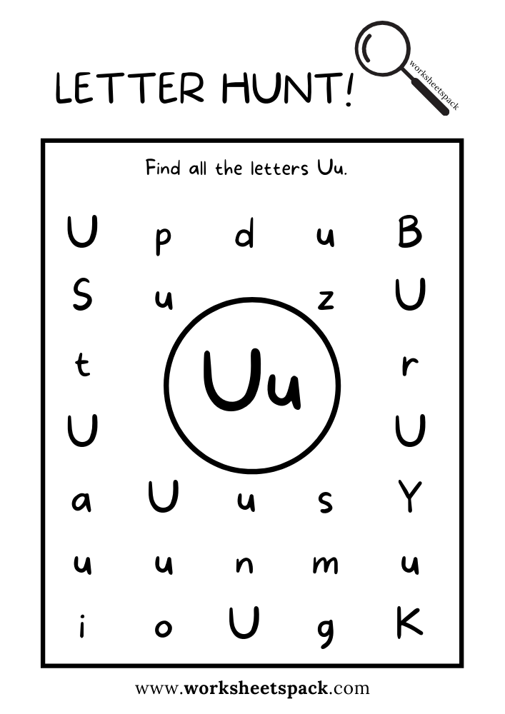 Find the Letter U Worksheet, Alphabet U Hunt Activity Free Printable for Kids