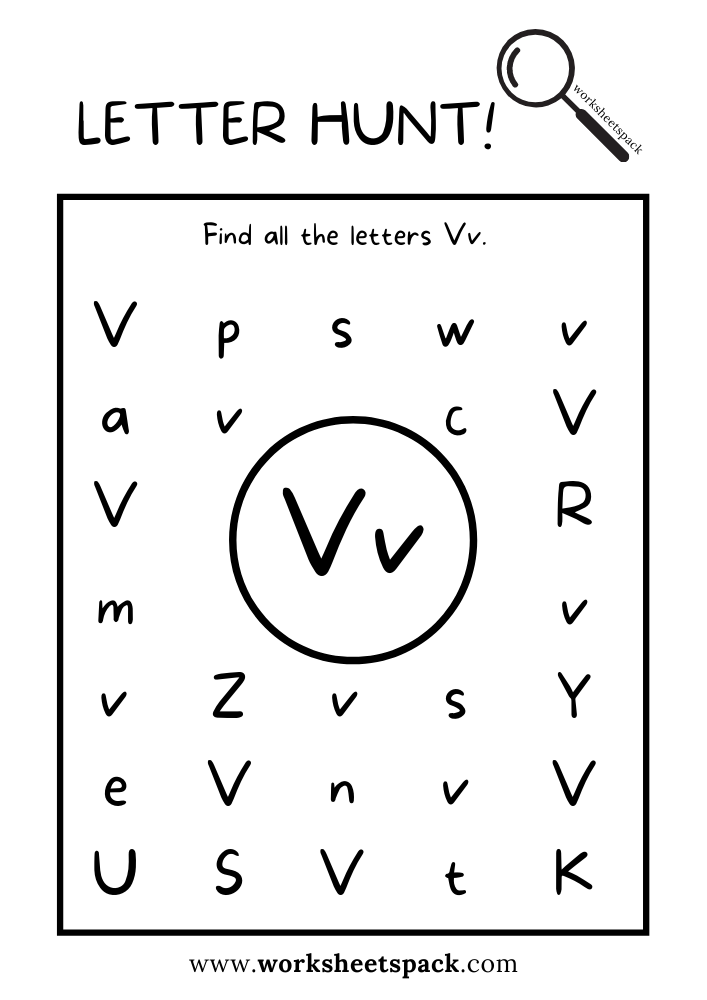 Find the Letter V Worksheet, Alphabet V Hunt Activity Free Printable for Kids