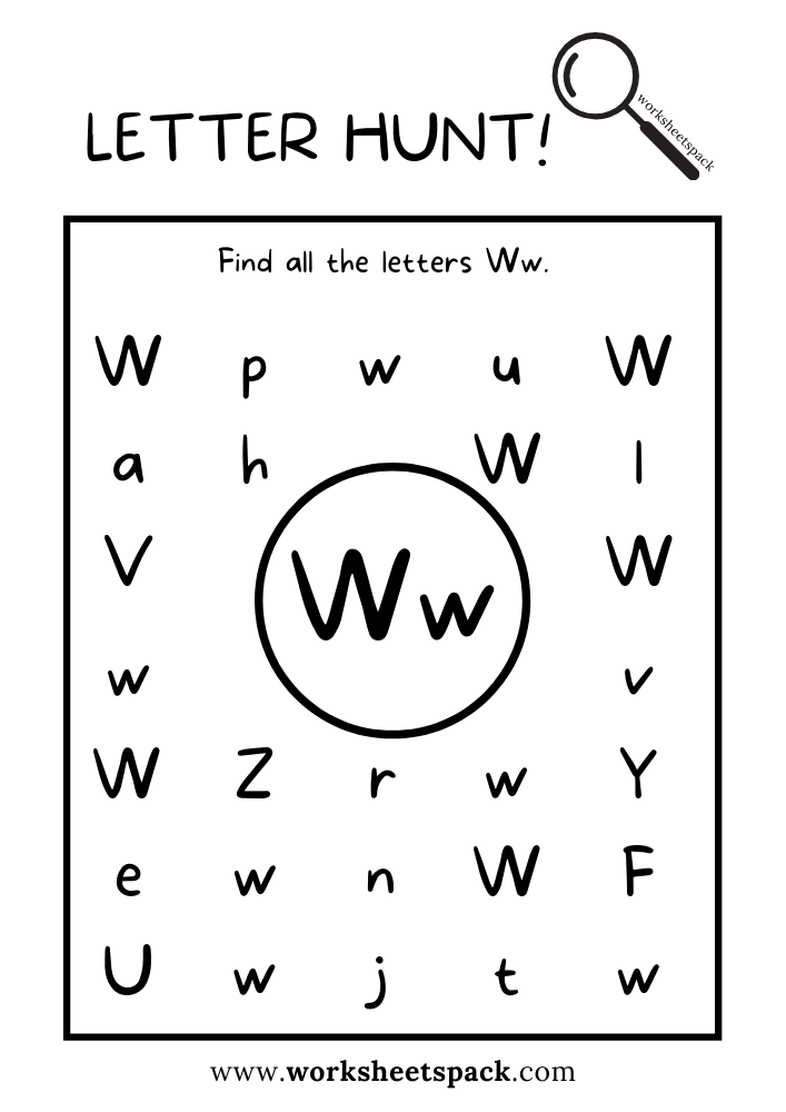 Find the Letter W Worksheet, Alphabet W Hunt Activity Free Printable for Kids