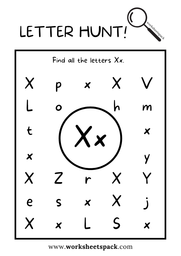 Find the Letter X Worksheet, Alphabet X Hunt Activity Free Printable for Kids