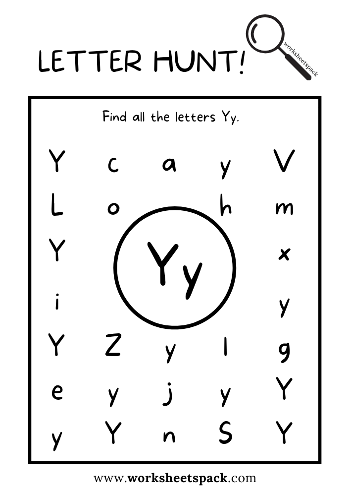 Find the Letter Y Worksheet, Alphabet Y Hunt Activity Free Printable for Kids