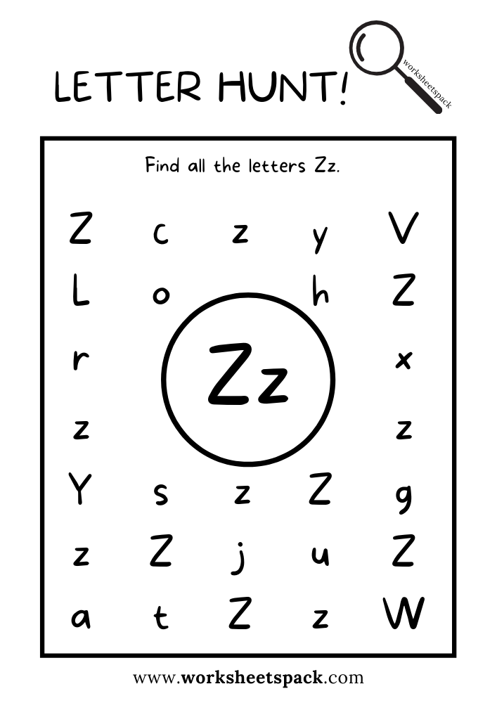 Find the Letter Z Worksheet, Alphabet Z Hunt Activity Free Printable for Kids