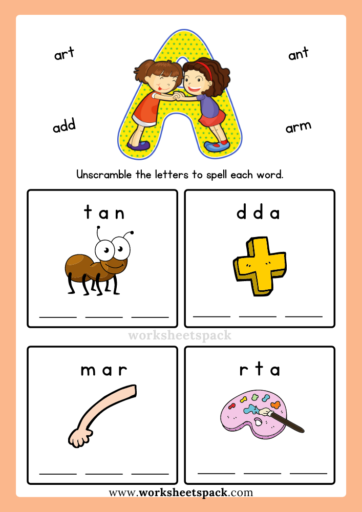 Free Alphabet Spelling Worksheet Letter A Words for Kindergarten