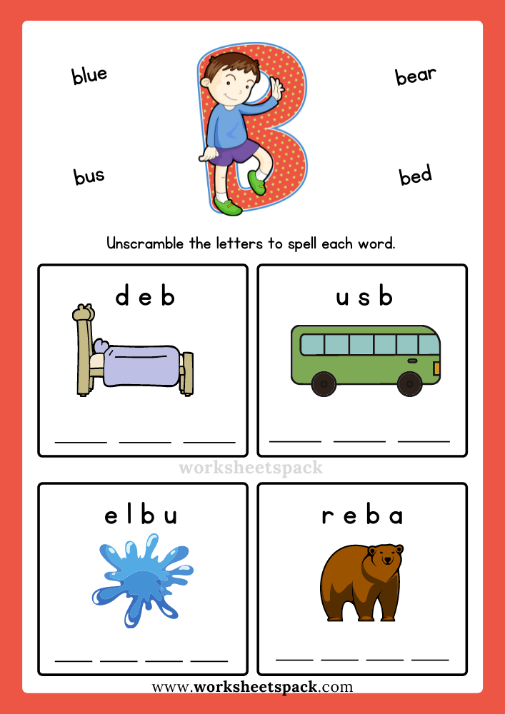 Free Alphabet Spelling Worksheet Letter B Words for Kindergarten