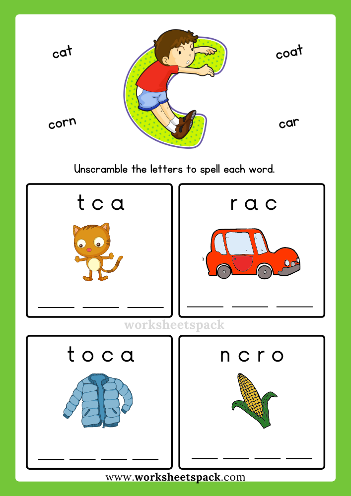 Free Alphabet Spelling Worksheet Letter C Words for Kindergarten