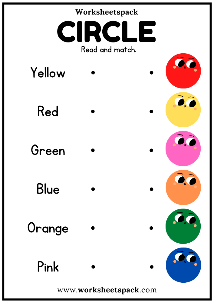 Free Color Words Matching Worksheets with Circles PDF for Kindergarten