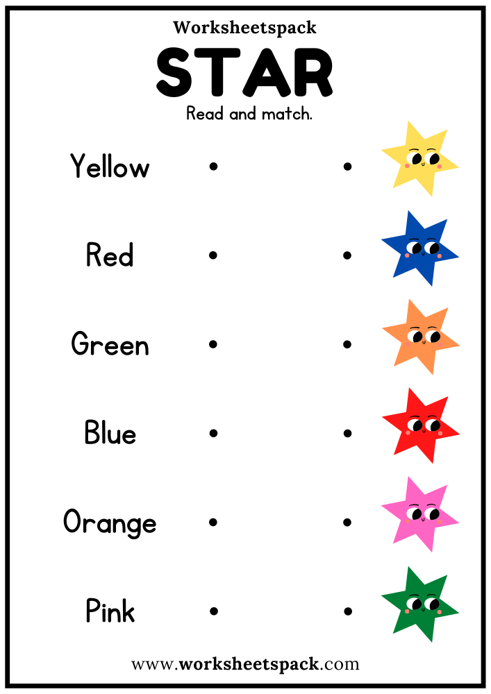 Free Color Words Matching Worksheets with Stars PDF for Kindergarten