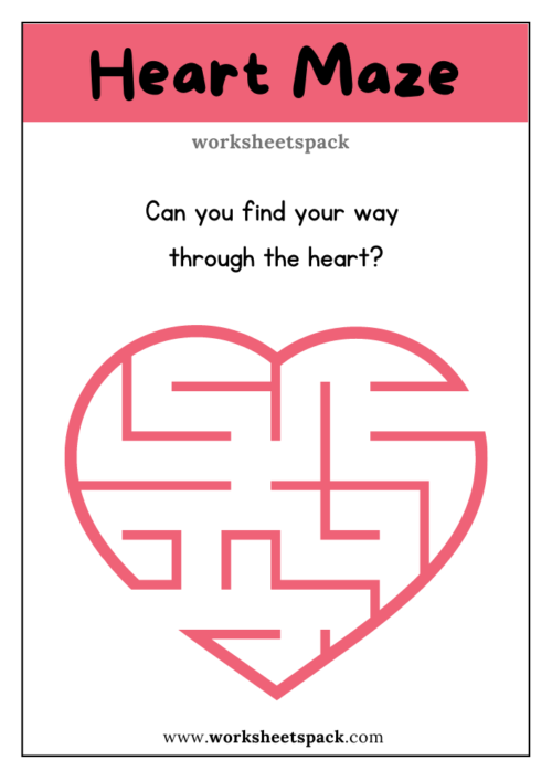 Heart shape printable mazes PDF easy