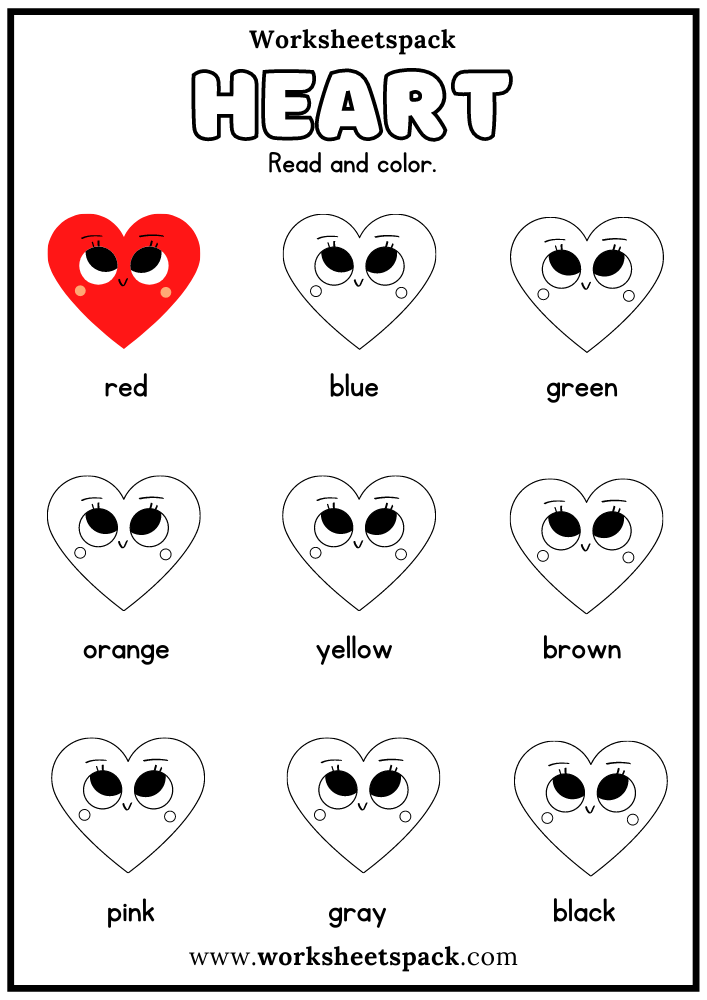 Free Heart Shape Activity Sheets, Color Hearts by Word