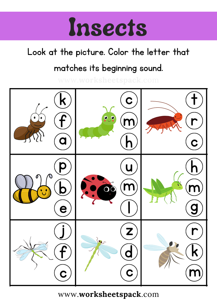 Free Insect Beginning Sound Worksheet Printable for Kids