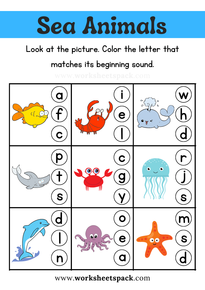 Free Sea Animal Beginning Sound Worksheet Printable for Kids