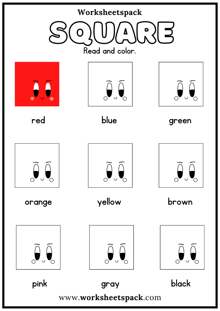 Free Square Shape Activity Sheets, Color Squares by Word