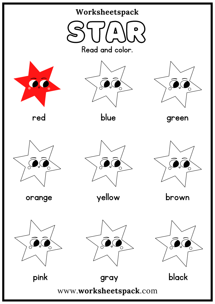 Free Star Shape Activity Sheets, Color Stars by Word