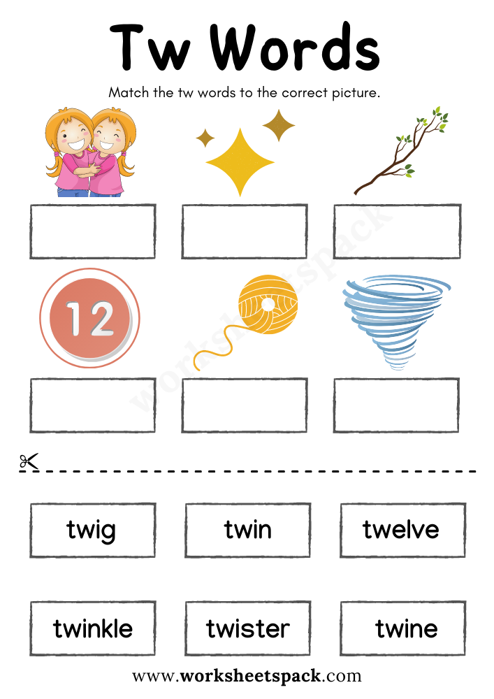Free Tw Blend Words Worksheets PDF for Kindergarten